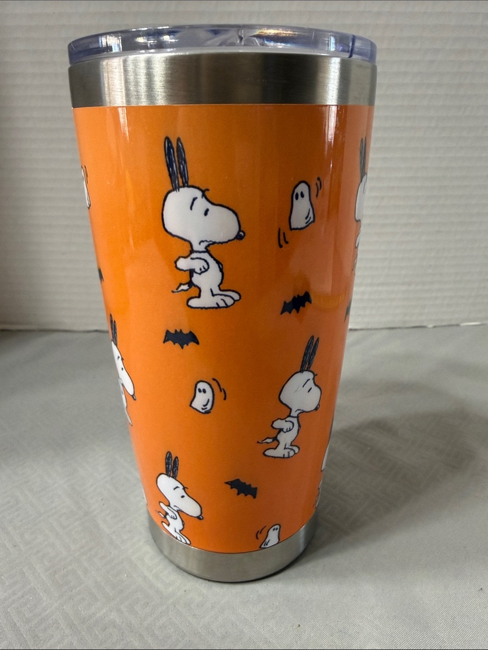 Peanuts Scared Stainless Steel Travel Tumbler Snoopy and Woodstock Ghost Orange